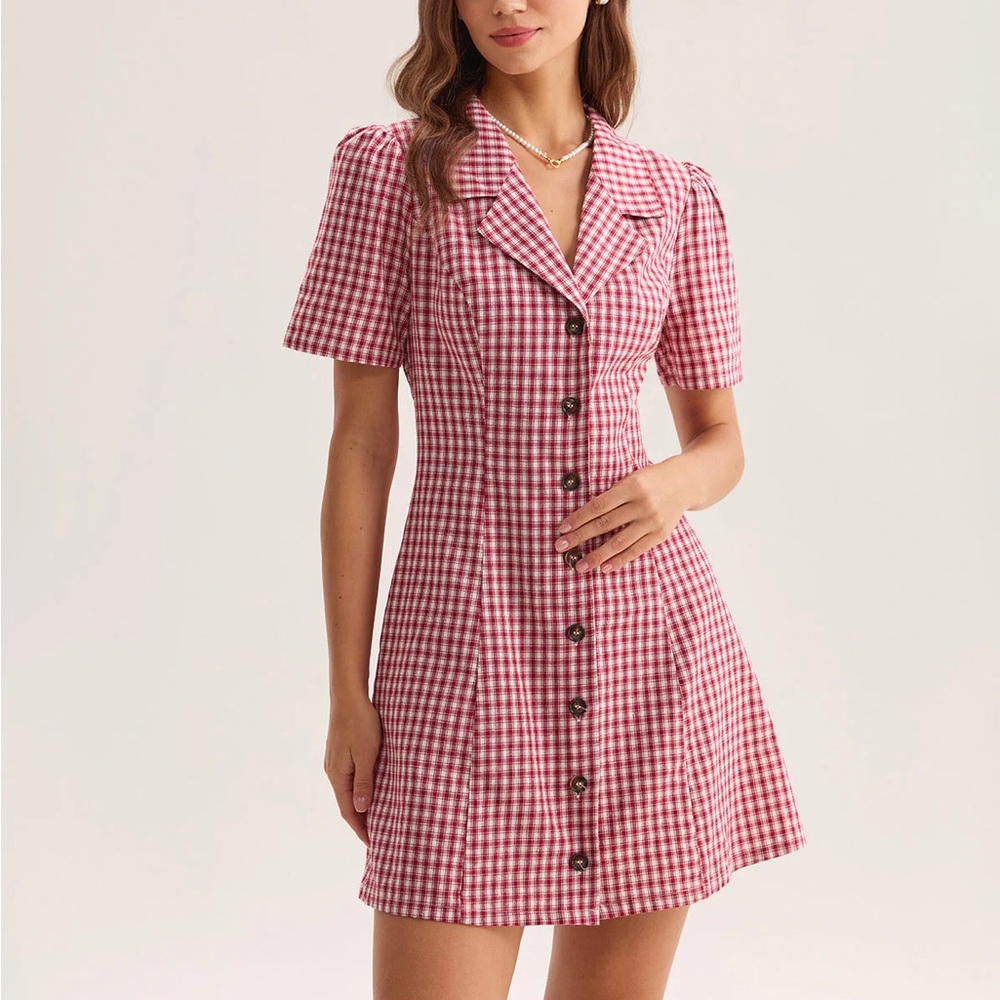Rihoas Red Plaid Pocket Button Mini Dress - Picture 4 of 6